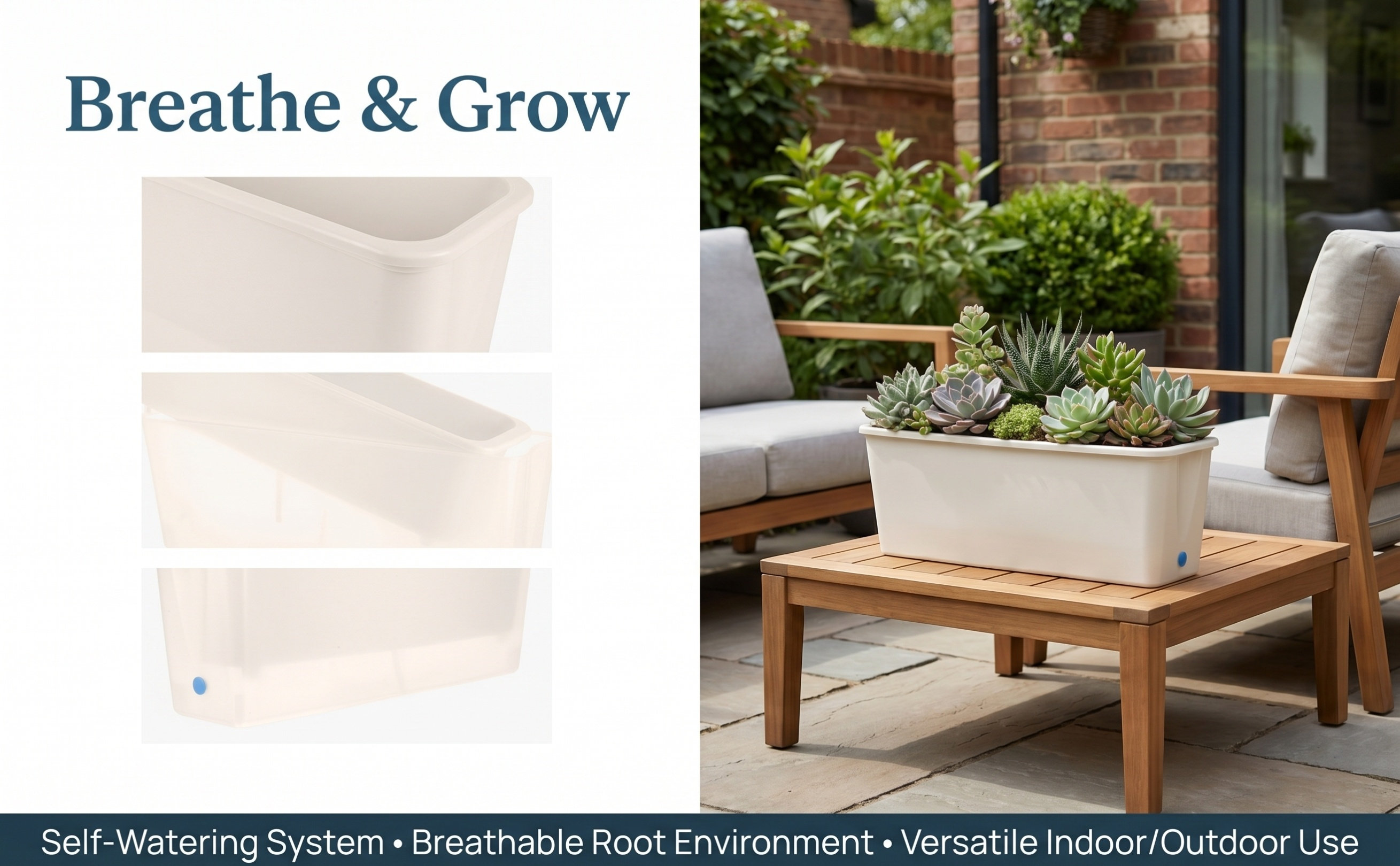 Self-Watering Planter - Rechthoekige, smalle plantenbak met zelfwateringssysteem, geschikt